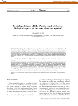 Cephalopods from Off the Pacific Coast of Mexico: Biological Aspects of the Most Abundant Species*