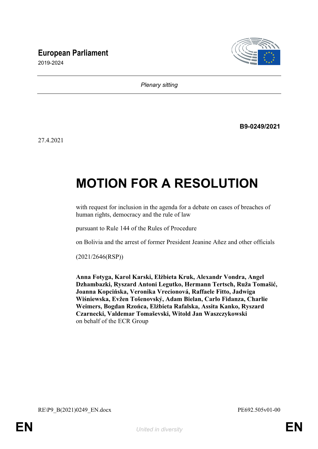 En En Motion for a Resolution