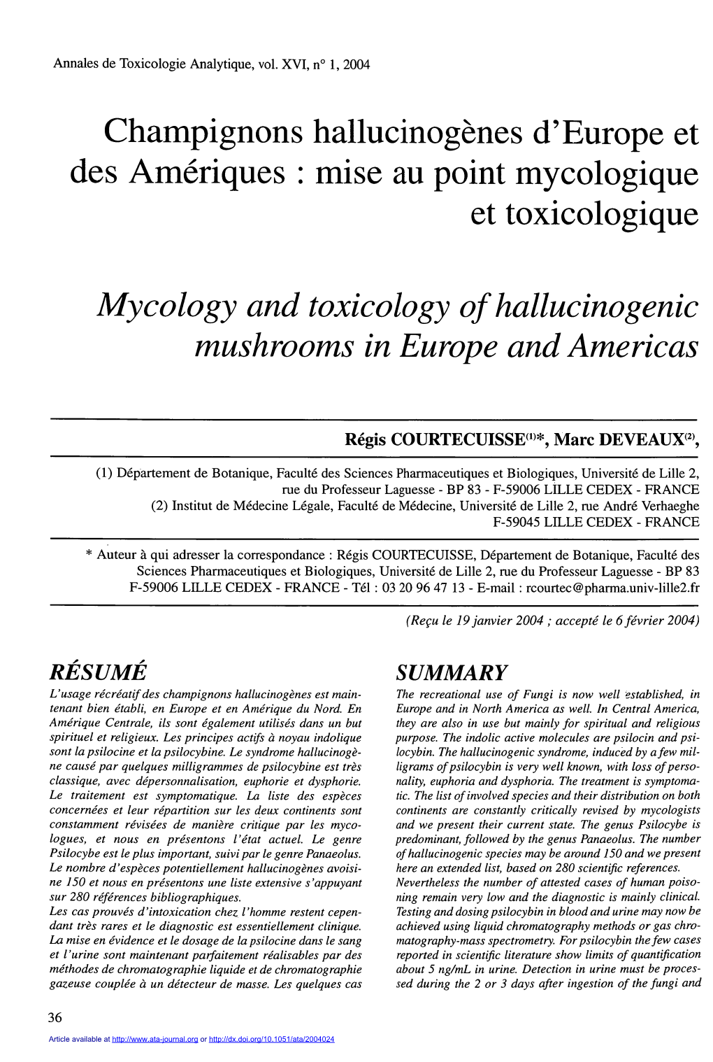 Champignons Hallucinogènes D'europe Et Des Amériques : Mise Au Point Mycologique Et Toxicologique