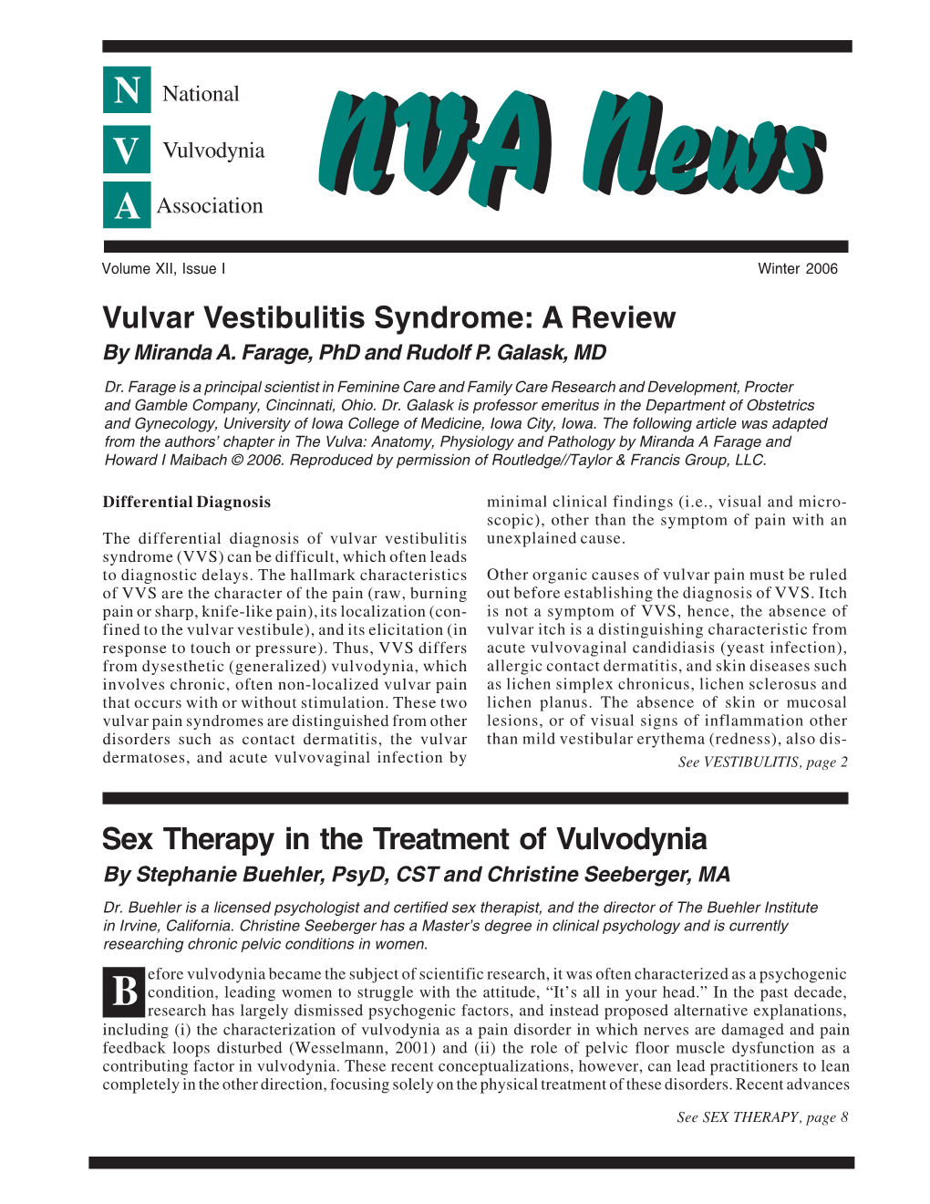 Vulvar Vestibulitis Syndrome: a Review Sex Therapy in The