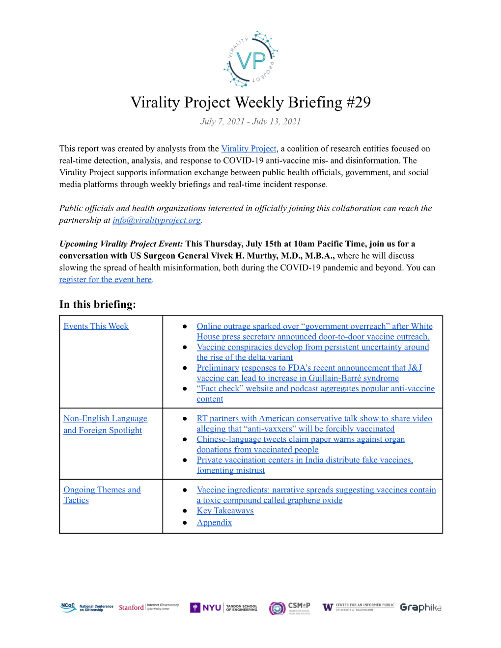 Virality Project Weekly Briefing #29 July 7, 2021 - July 13, 2021