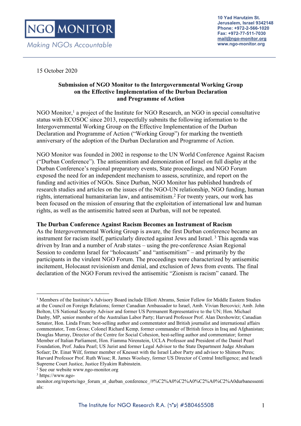 1 15 October 2020 Submission of NGO Monitor to the Intergovernmental Working Group on the Effective Implementation of the Durban