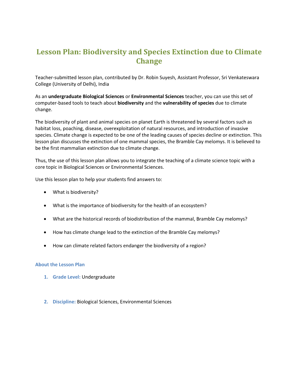 Lesson Plan: Biodiversity and Species Extinction Due to Climate Change