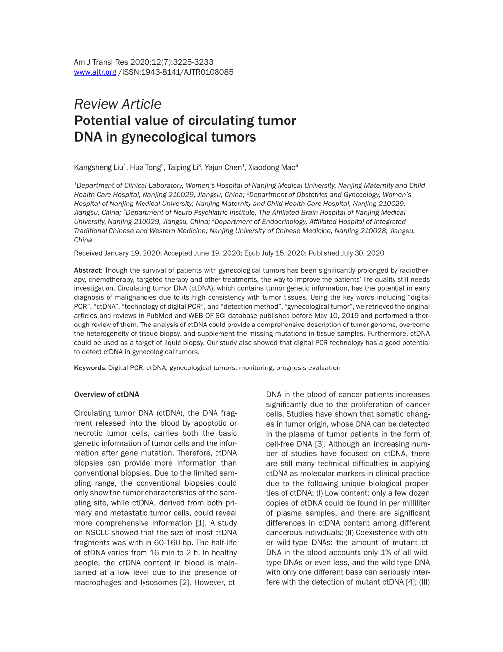 Review Article Potential Value of Circulating Tumor DNA in Gynecological Tumors