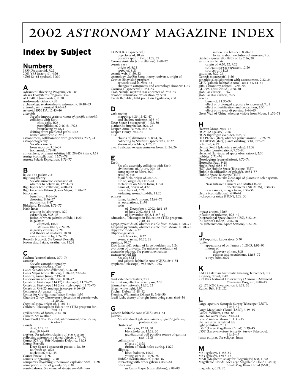 2002 Astronomy Magazine Index