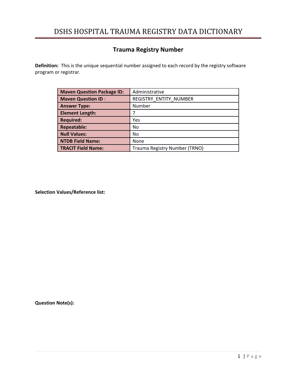 Dshs Hospital Trauma Registry Data Dictionary