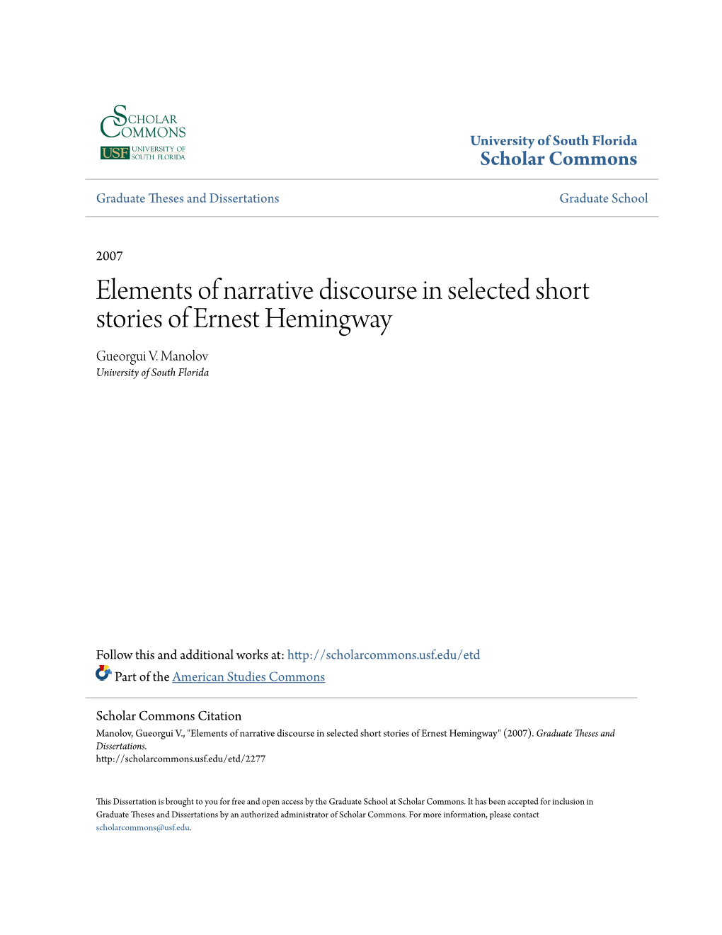 Elements of Narrative Discourse in Selected Short Stories of Ernest Hemingway Gueorgui V