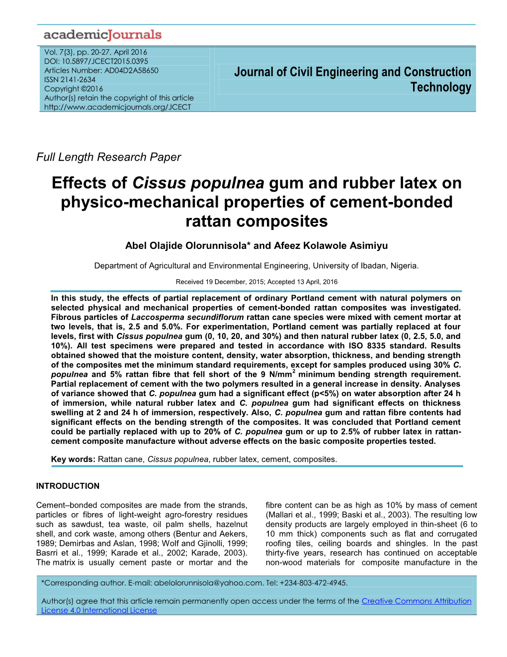 Effects of Cissus Populnea Gum and Rubber Latex on Physico-Mechanical Properties of Cement-Bonded Rattan Composites