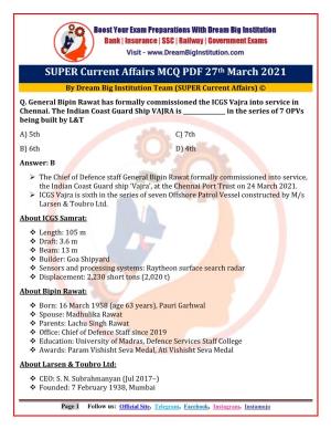 SUPER Current Affairs MCQ PDF 27Th March 2021 by Dream Big Institution Team (SUPER Current Affairs) © Q