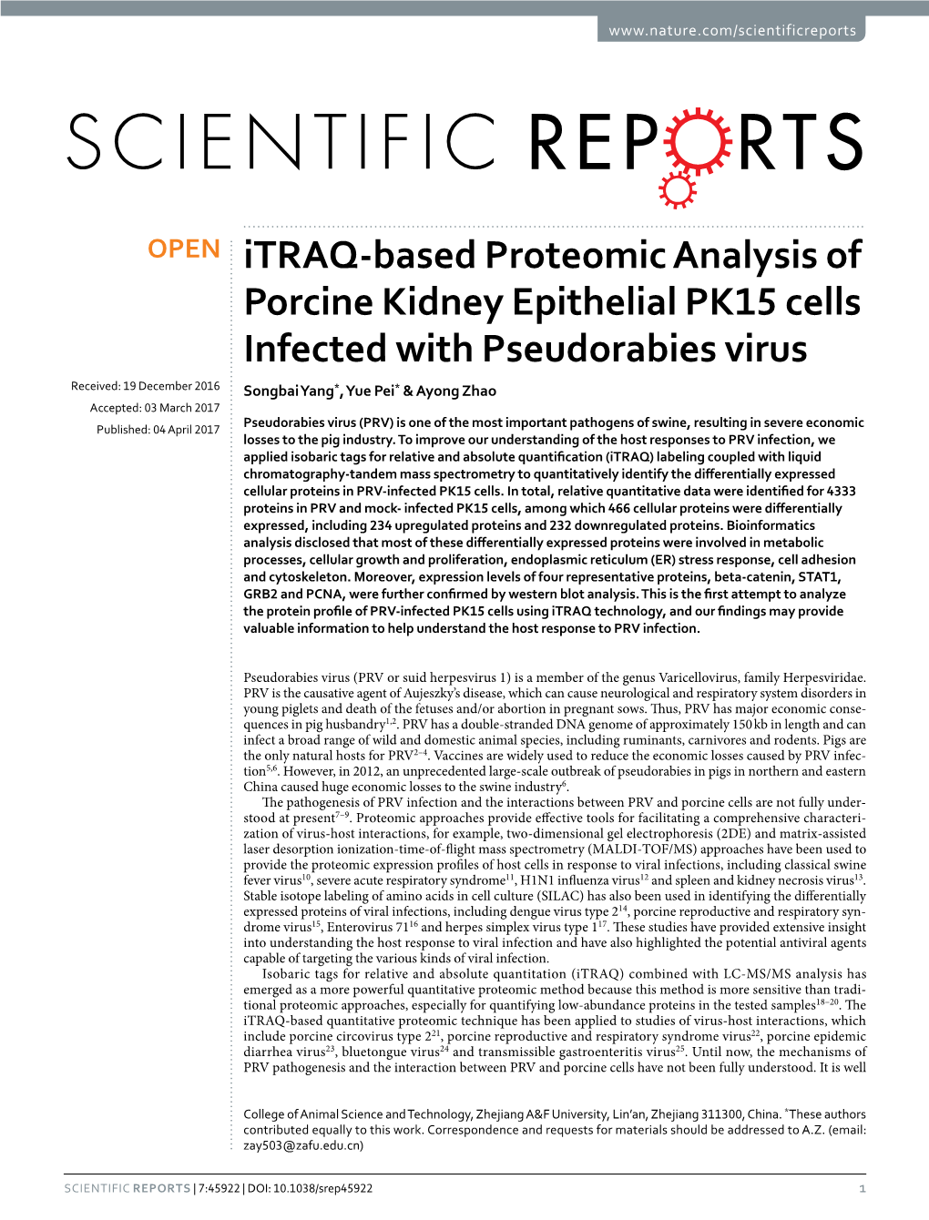 Itraq-Based Proteomic Analysis of Porcine Kidney Epithelial PK15