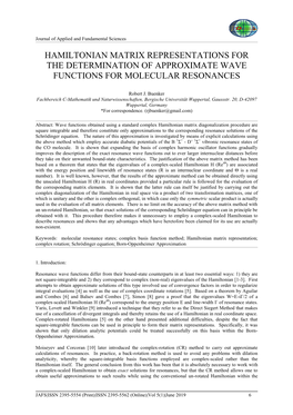 Hamiltonian Matrix Representations for the Determination of Approximate Wave Functions for Molecular Resonances