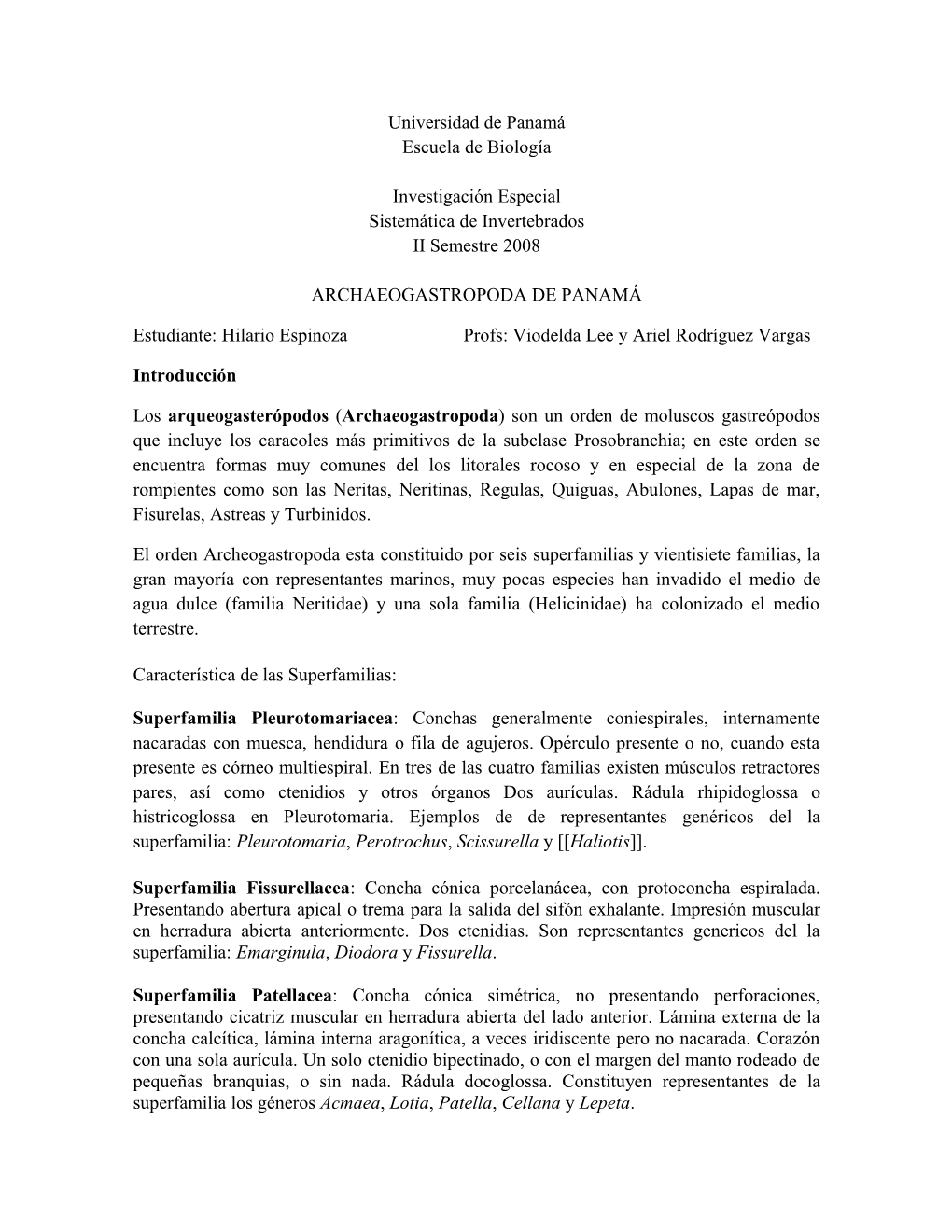 Universidad De Panamá Escuela De Biología Investigación Especial