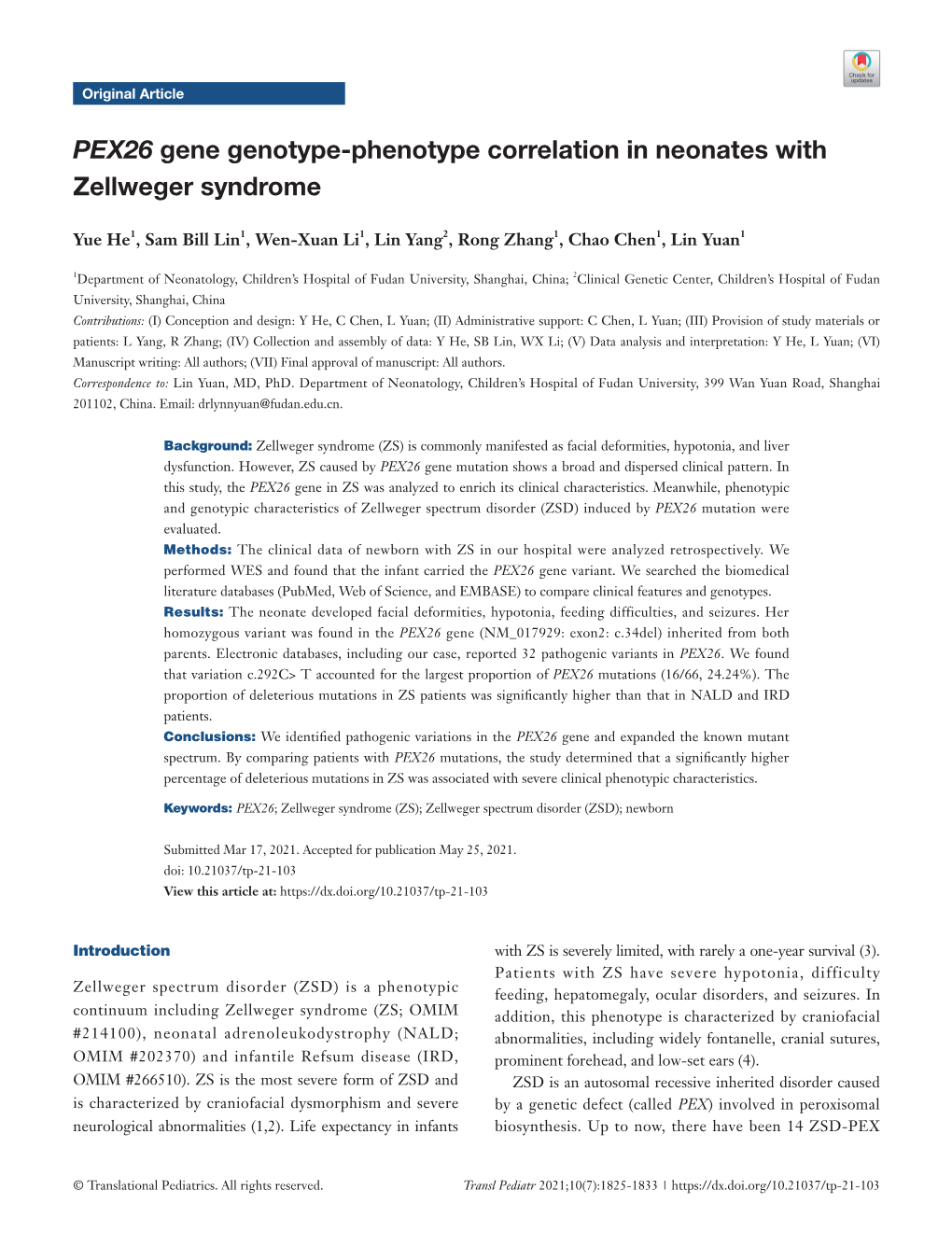 PEX26 Gene Genotype-Phenotype Correlation in Neonates with Zellweger Syndrome