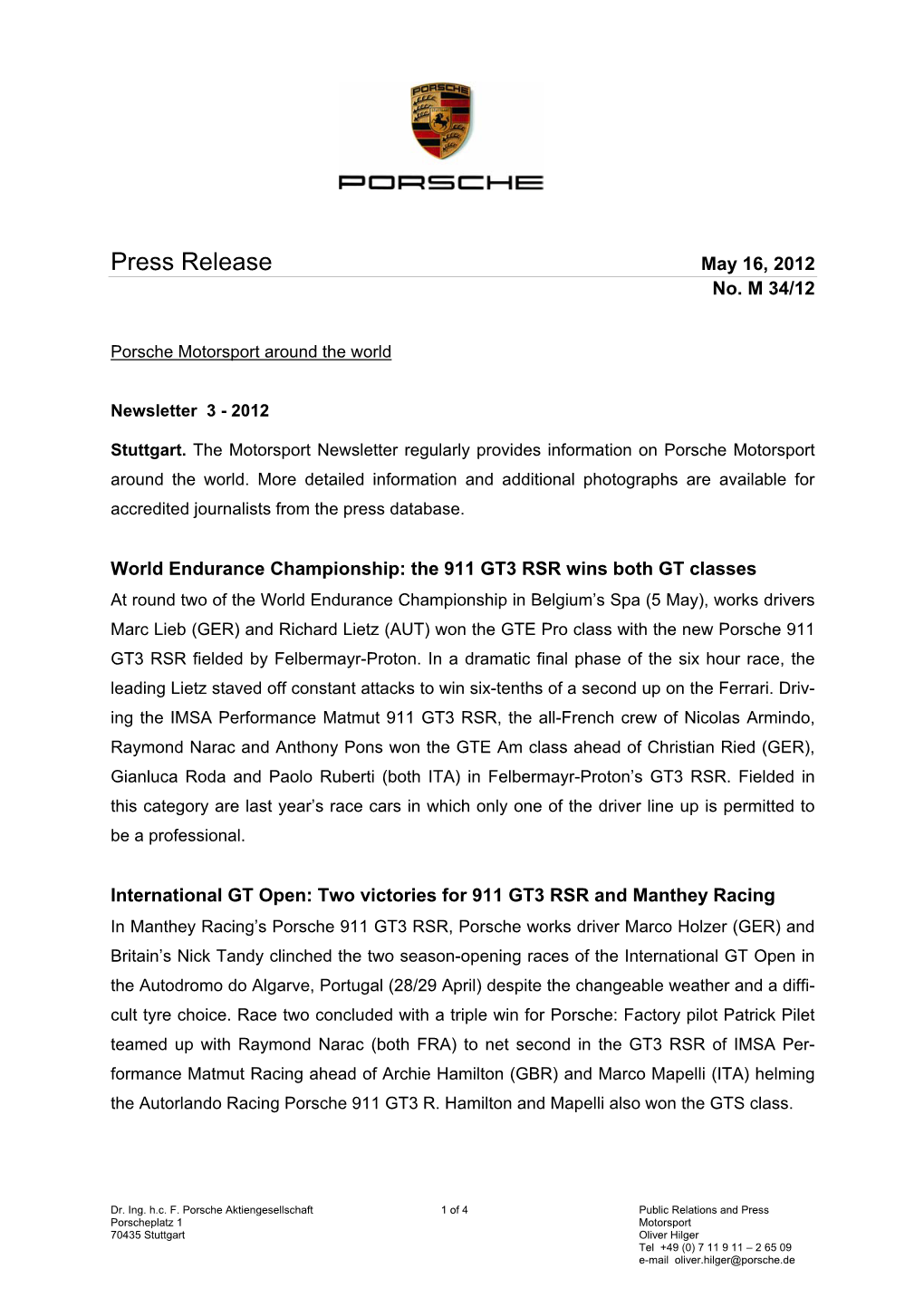 Press Release May 16, 2012 No