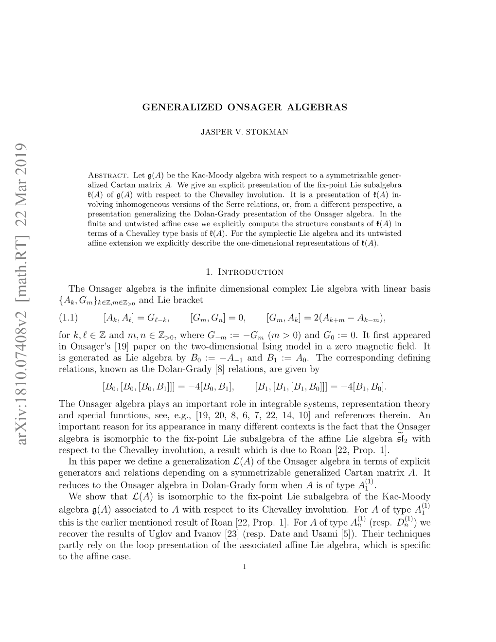 Generalized Onsager Algebras (See, E.G., [2, 15] and References Therein)