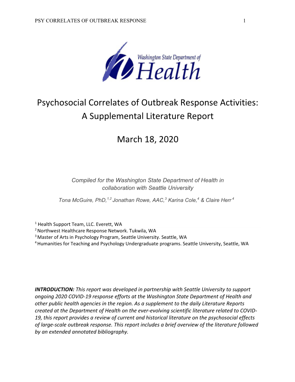 Psychosocial Correlates of Outbreak Response Activities: a Supplemental Literature Report