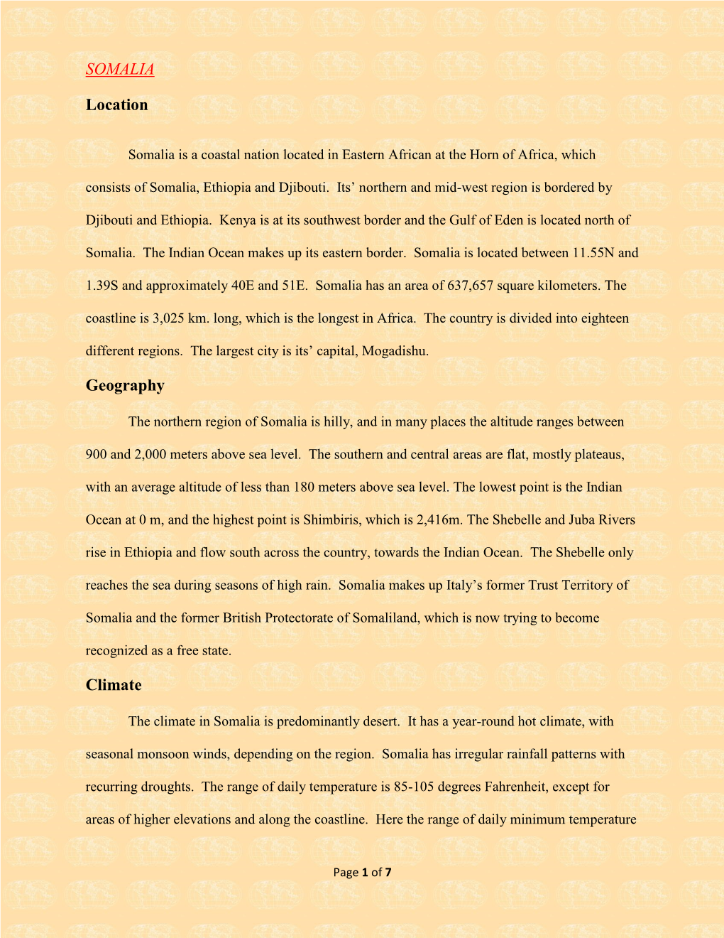 SOMALIA Location Geography Climate