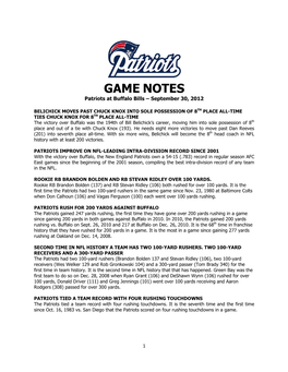 GAME NOTES Patriots at Buffalo Bills – September 30, 2012