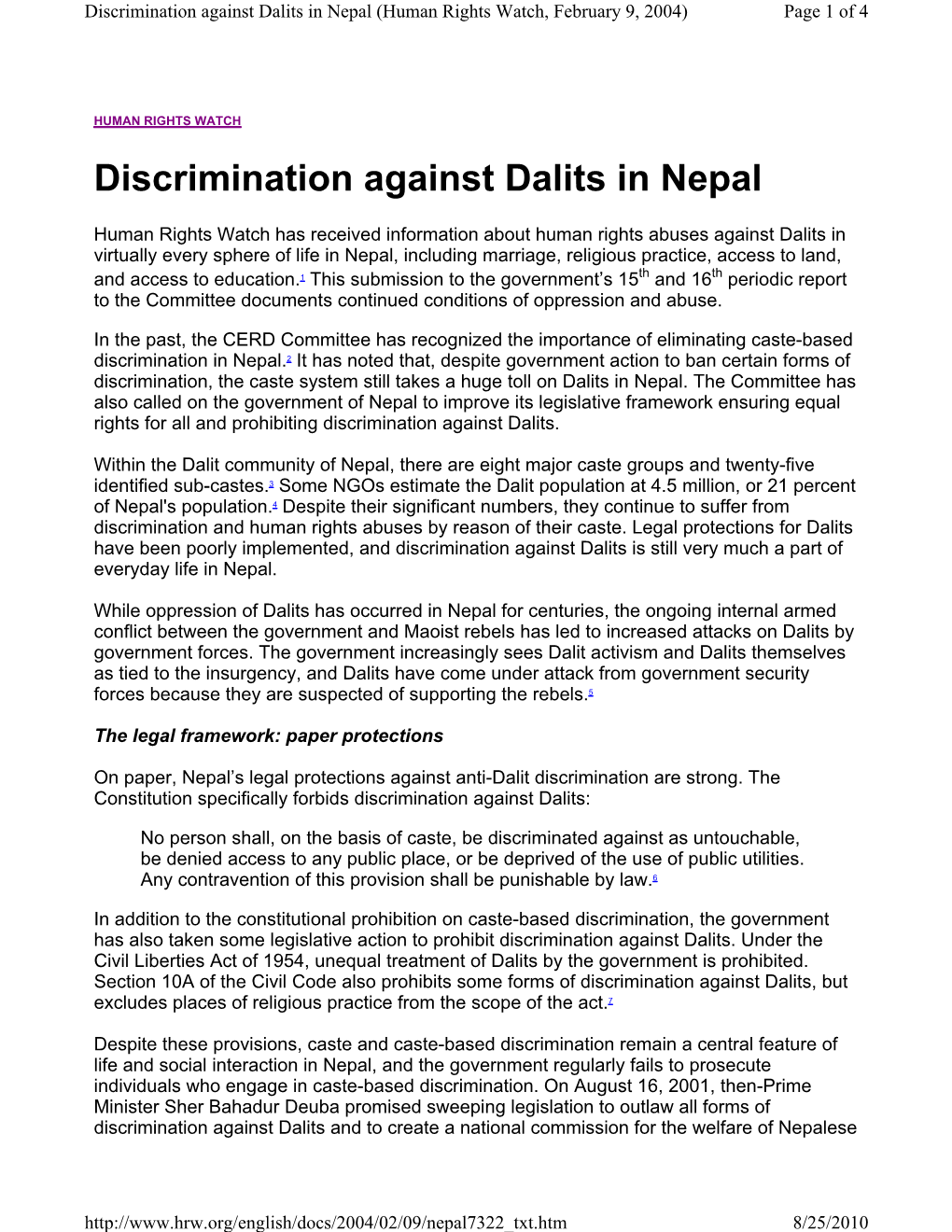 Discrimination Against Dalits in Nepal (Human Rights Watch, February 9, 2004) Page 1 of 4