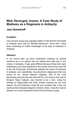 A Case Study of Madness As a Diagnosis in Antiquity Jazz Demetrioff