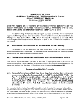 Government of India Ministry of Environment, Forest and Climate Change (Impact Assessment Division) Non-Coal Mining Sector ****