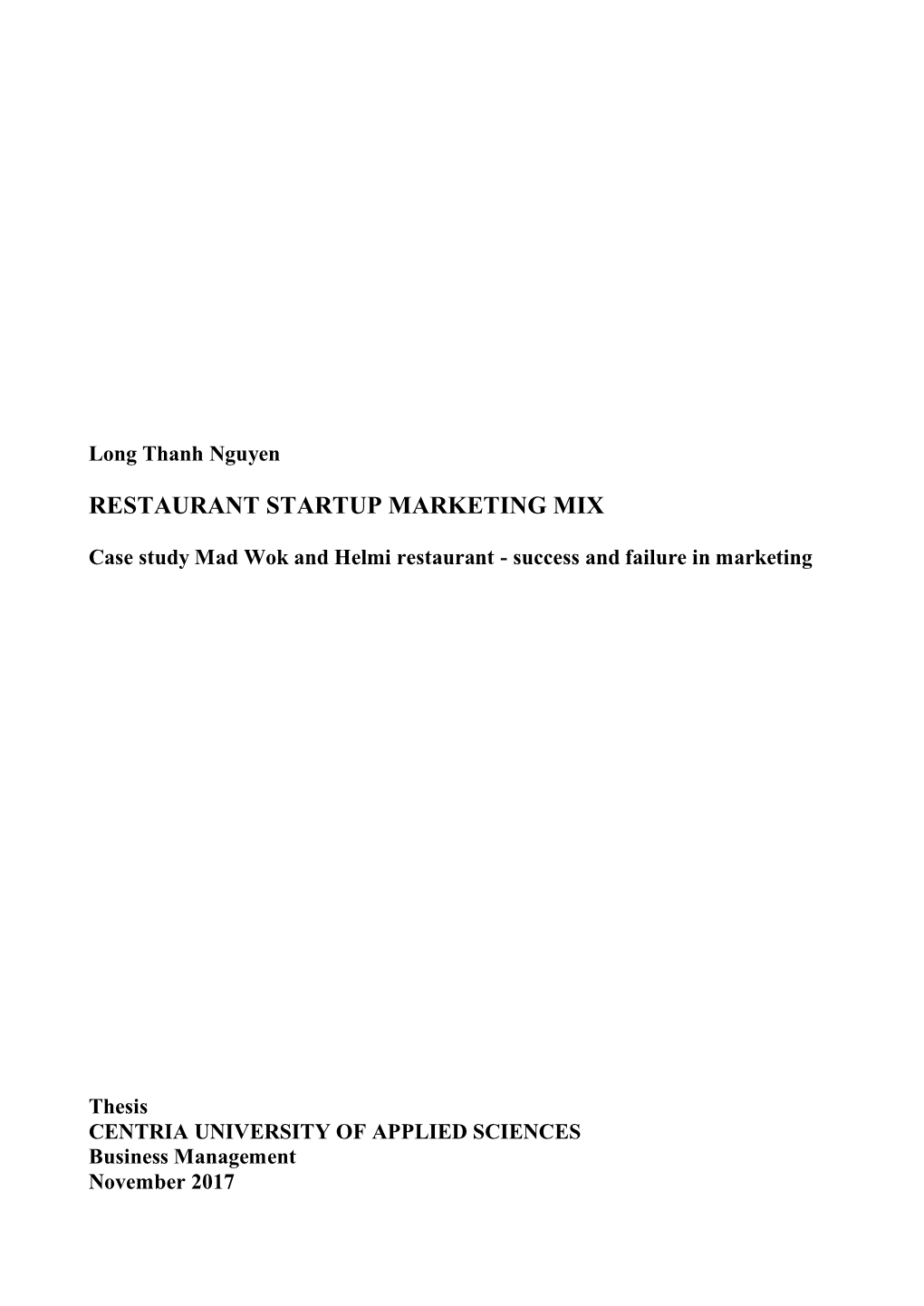 Restaurant Startup Marketing Mix