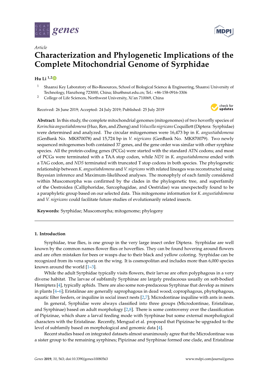 Characterization and Phylogenetic Implications of the Complete Mitochondrial Genome of Syrphidae