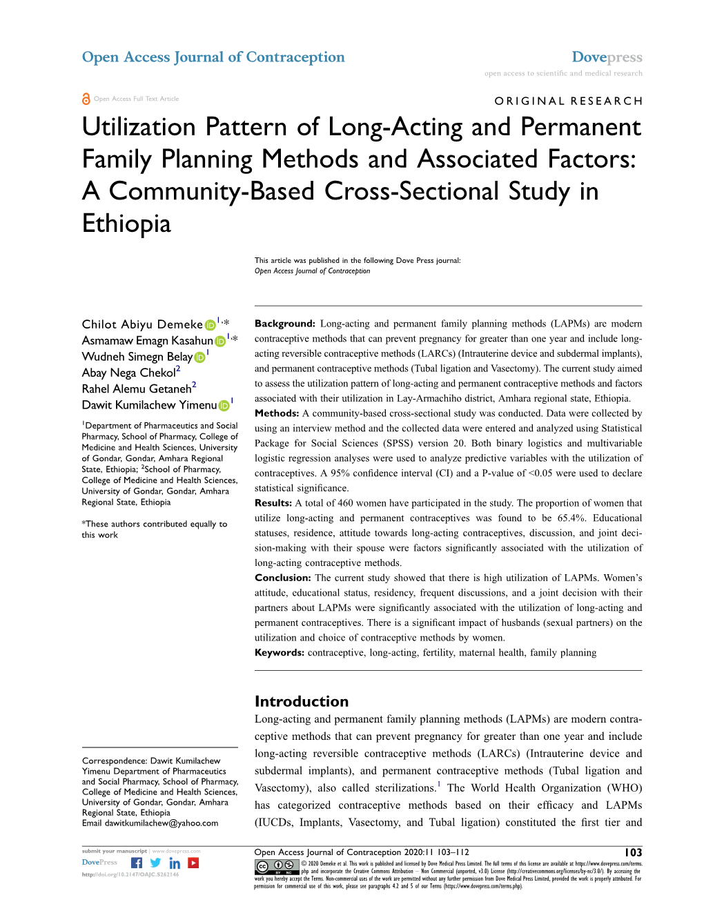 Utilization Pattern of Long-Acting and Permanent Family Planning Methods and Associated Factors: a Community-Based Cross-Sectional Study in Ethiopia