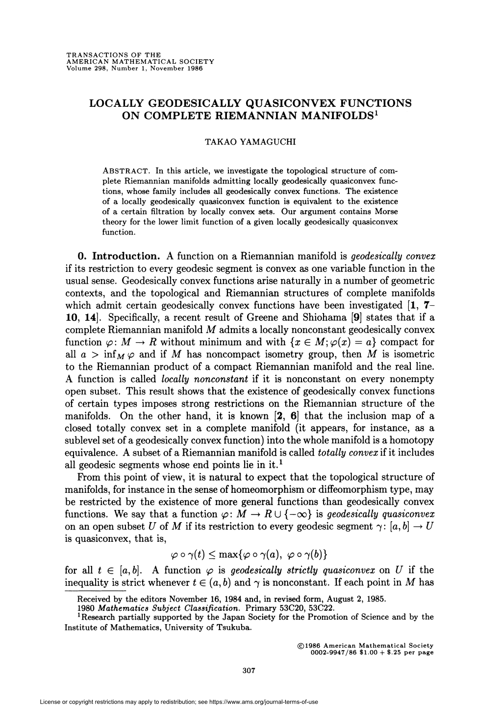 Locally Geodesically Quasiconvex Functions on Complete Riemannian Manifolds1