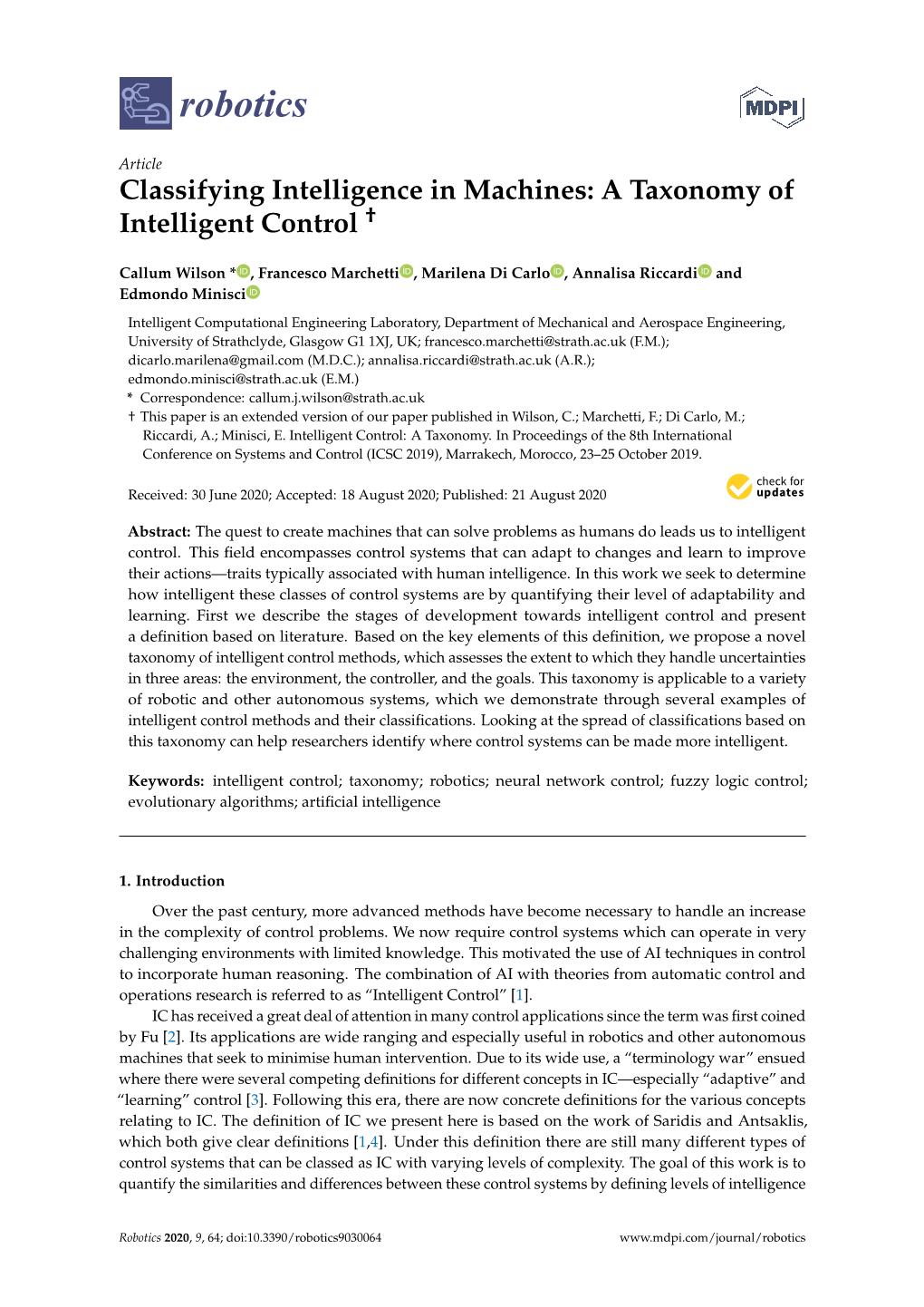 Classifying Intelligence in Machines: a Taxonomy of Intelligent Control †