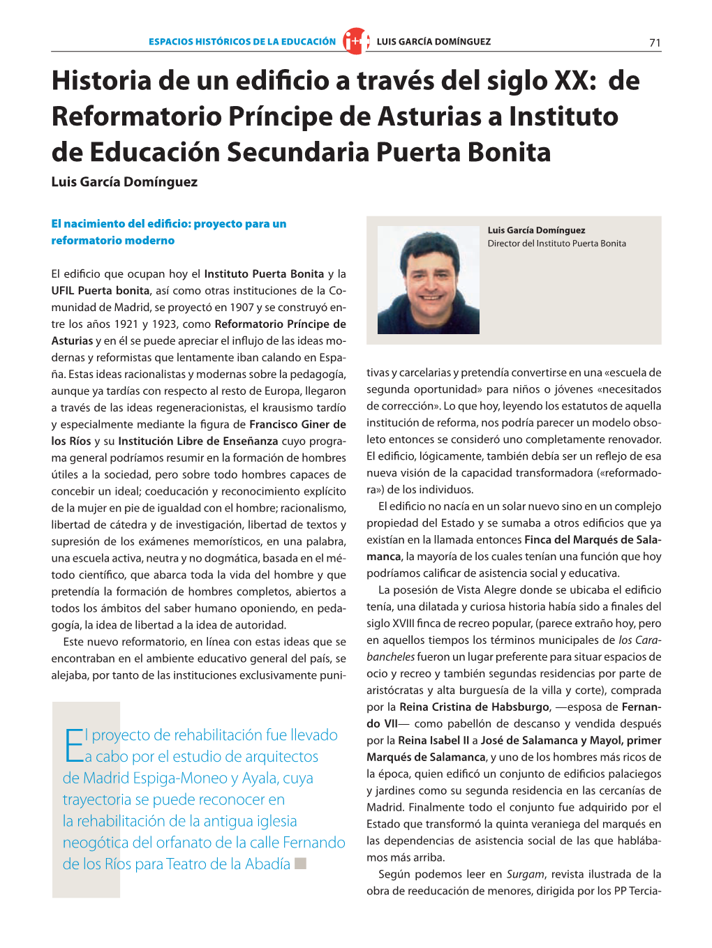 Historia De Un Edificio a Través Del Siglo XX: De Reformatorio Príncipe De Asturias a Instituto De Educación Secundaria Puerta Bonita Luis García Domínguez