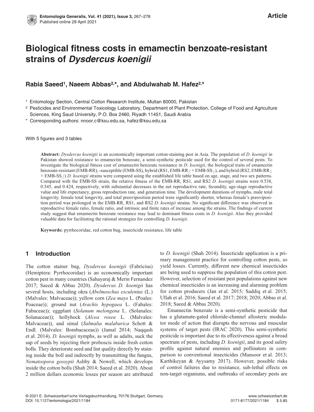 Biological Fitness Costs in Emamectin Benzoate-Resistant Strains of Dysdercus Koenigii