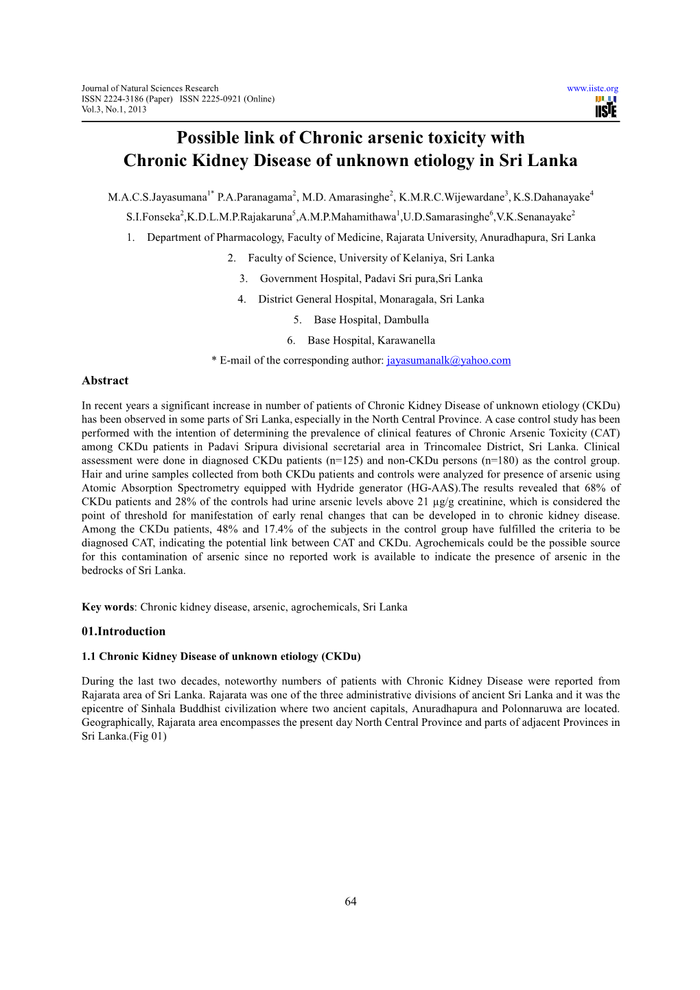 Possible Link of Chronic Arsenic Toxicity with Chronic Kidney Disease of Unknown Etiology in Sri Lanka