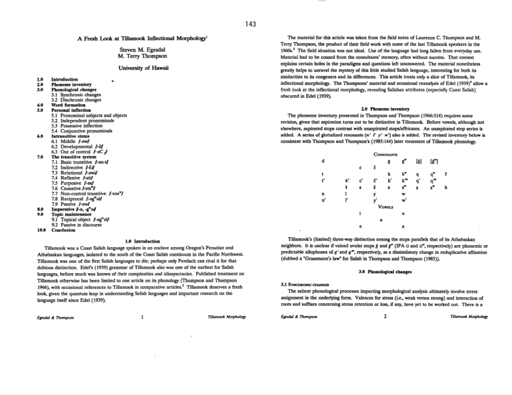 A Fresh Look at Tillamook Inflectional Morphology! Steven M. Egesdal M