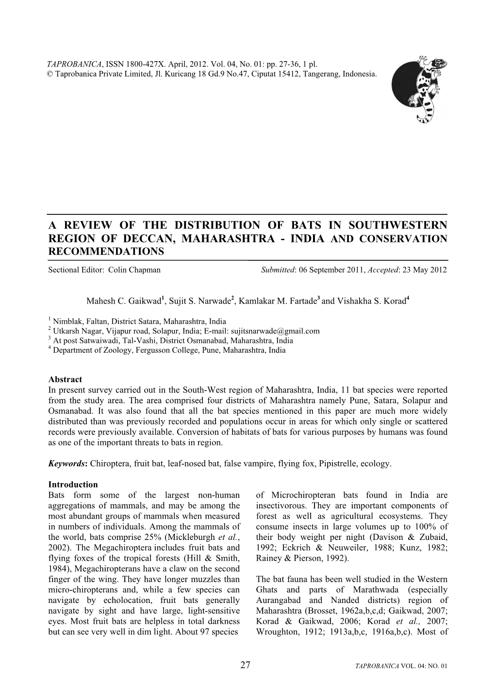 A Review of the Distribution of Bats in Southwestern Region of Deccan, Maharashtra - India and Conservation Recommendations