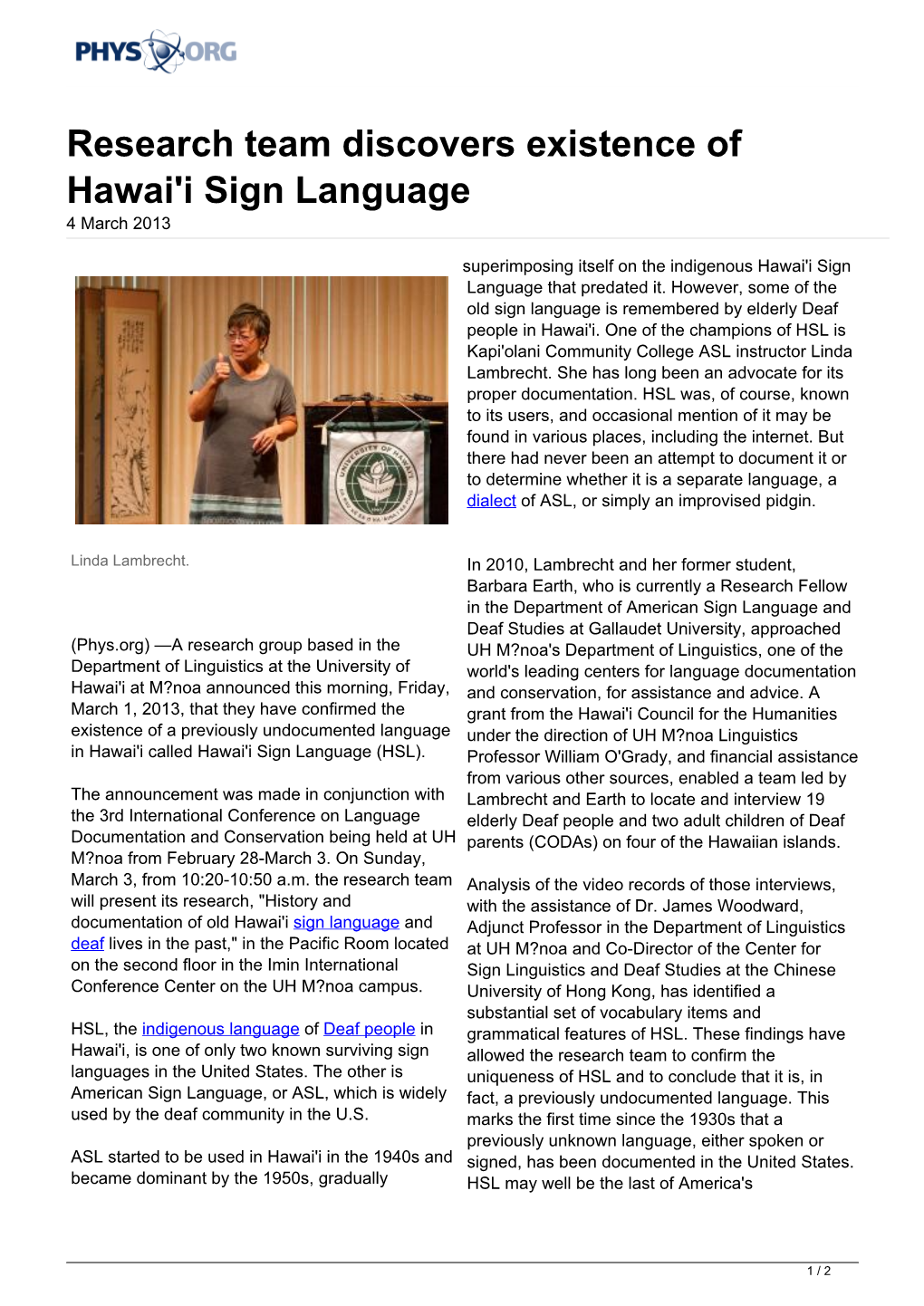 Research Team Discovers Existence of Hawai'i Sign Language 4 March 2013