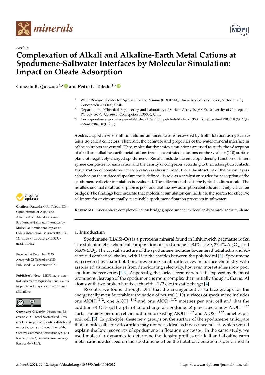 Complexation of Alkali and Alkaline-Earth Metal Cations at Spodumene-Saltwater Interfaces by Molecular Simulation: Impact on Oleate Adsorption