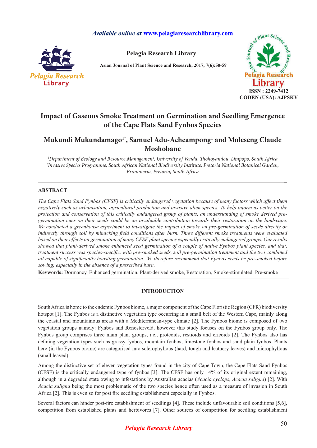 Impact of Gaseous Smoke Treatment on Germination and Seedling Emergence of the Cape Flats Sand Fynbos Species