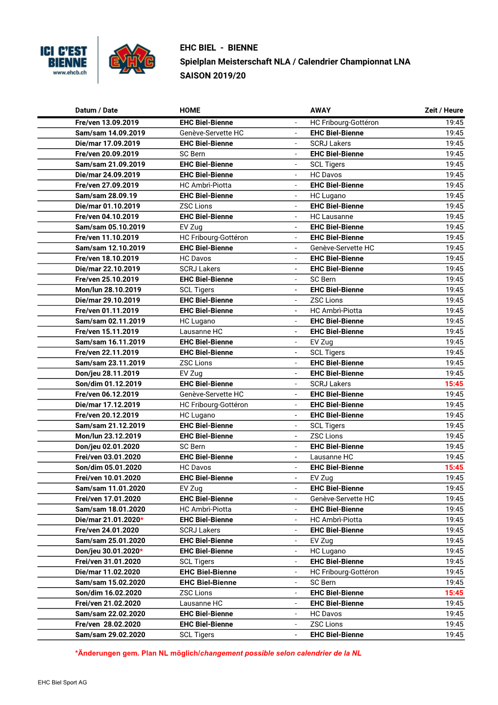 EHC BIEL - BIENNE Spielplan Meisterschaft NLA / Calendrier Championnat LNA SAISON 2019/20