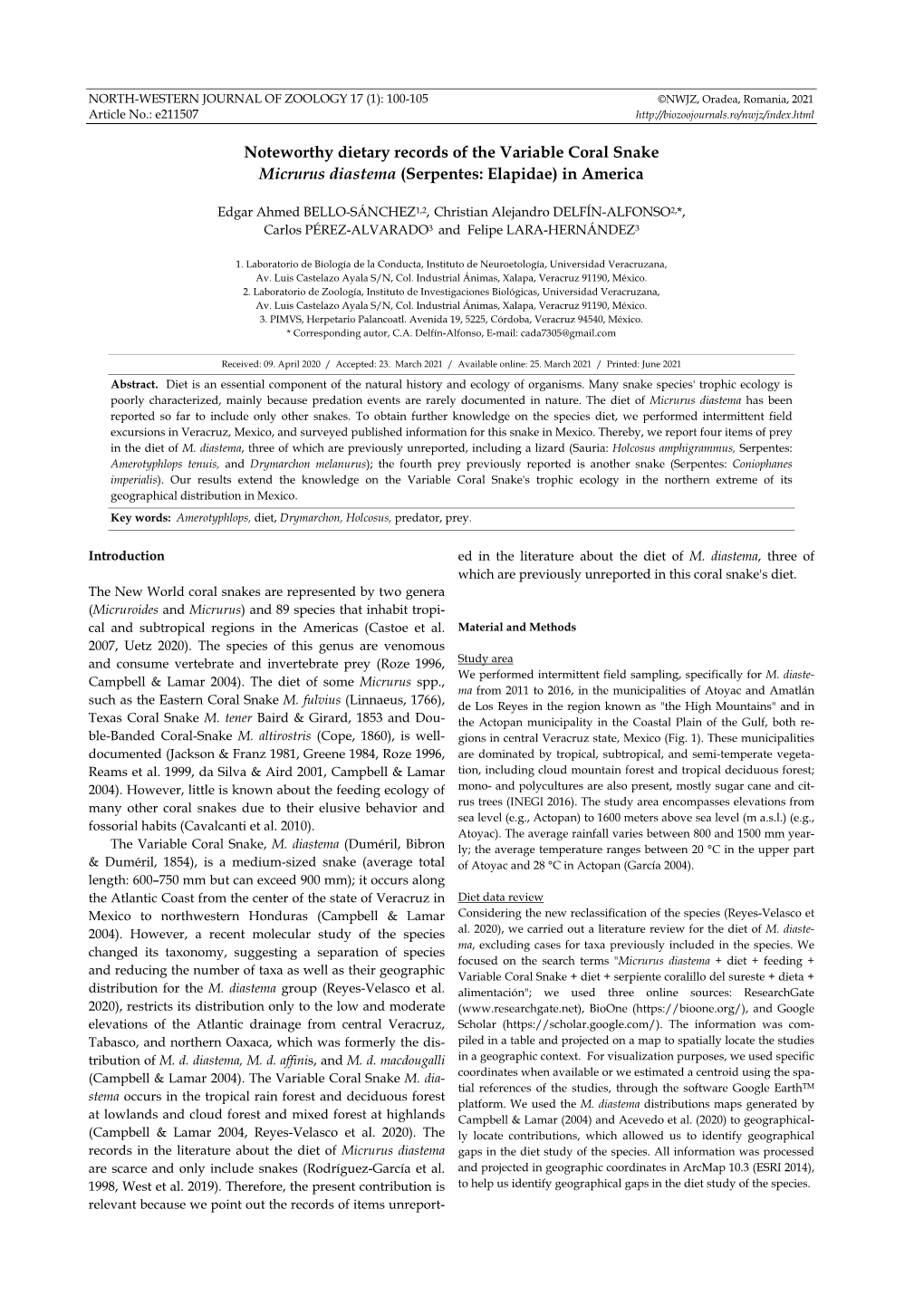 Noteworthy Dietary Records of the Variable Coral Snake Micrurus Diastema (Serpentes: Elapidae) in America