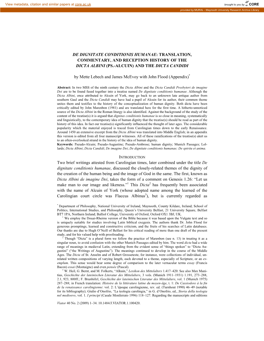 De Dignitate Conditionis Humanae: Translation, Commentary, and Reception History of the Dicta Albini (Ps.-Alcuin) and the Dicta Candidi