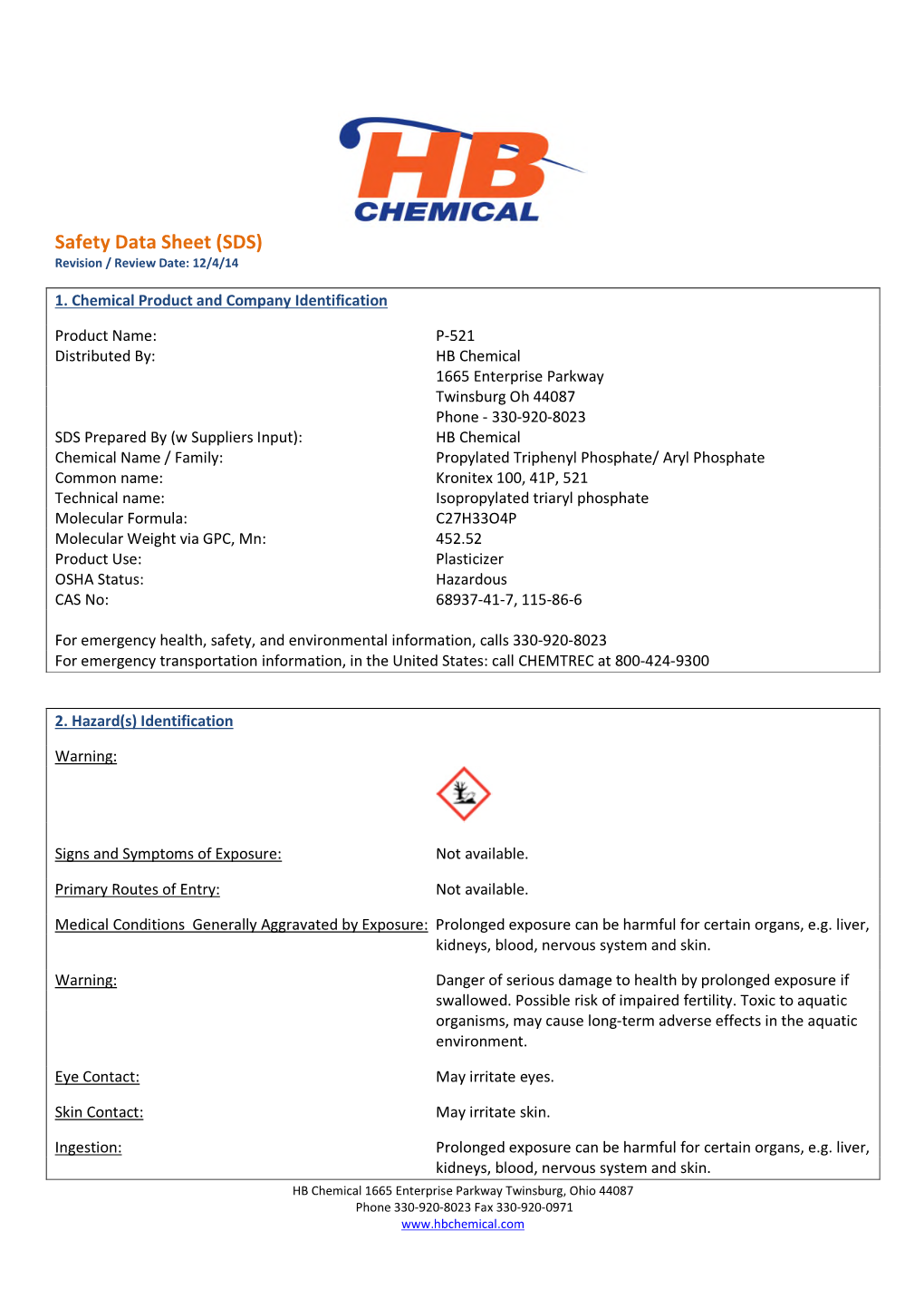 Safety Data Sheet (SDS) Revision / Review Date: 12/4/14