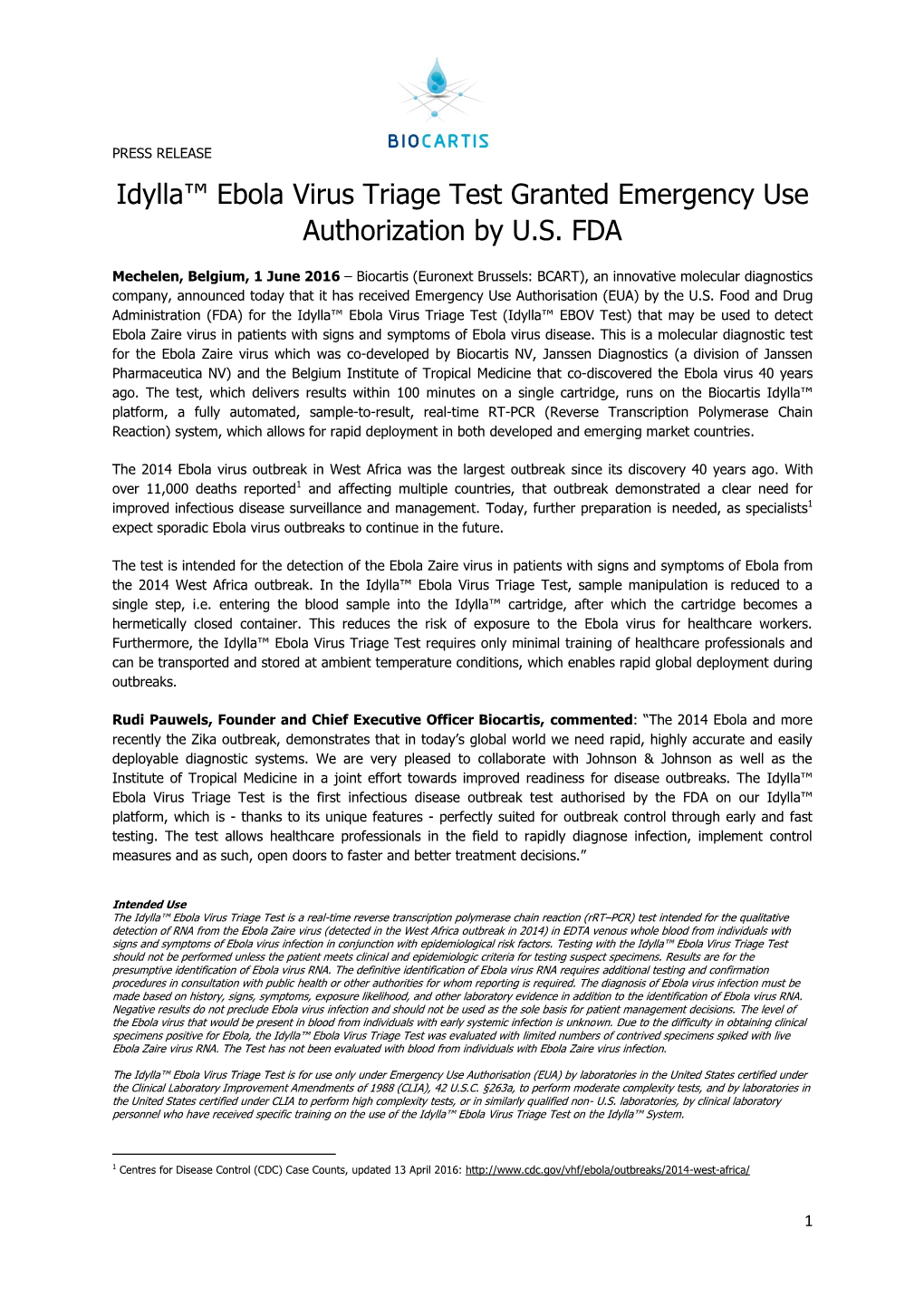 Idylla™ Ebola Virus Triage Test Granted Emergency Use Authorization by U.S