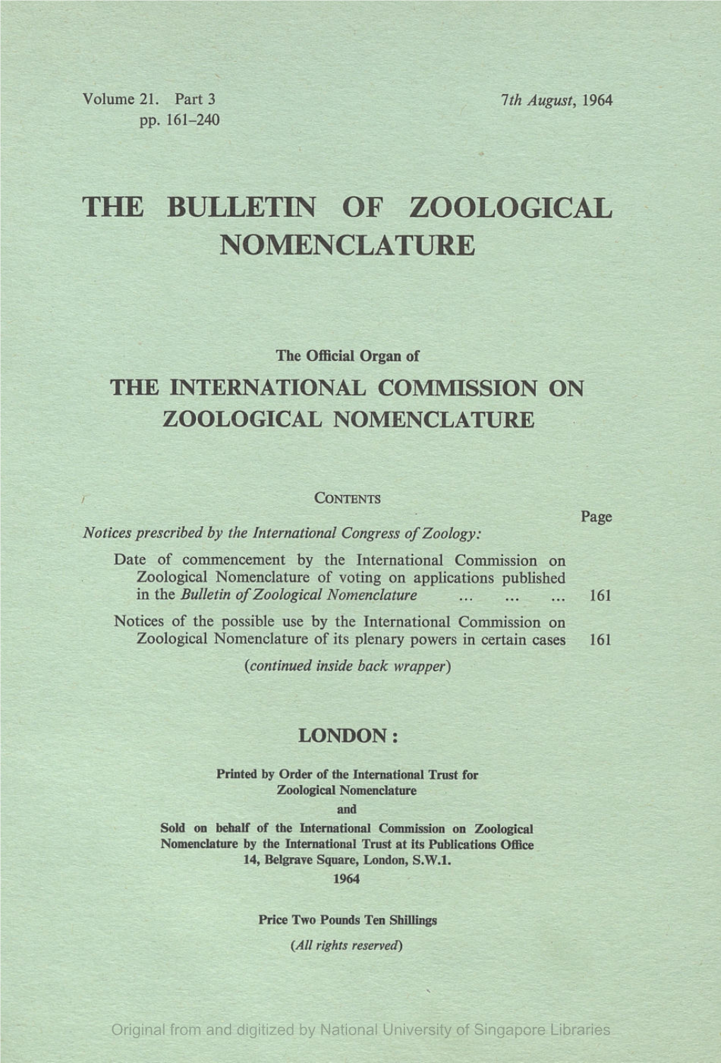 The Bulletin of Zoological Nomenclature, Vol.21, Part 3