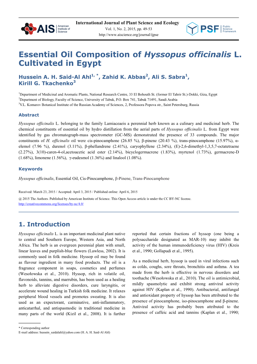 Essential Oil Composition of Hyssopus Officinalis L. Cultivated in Egypt