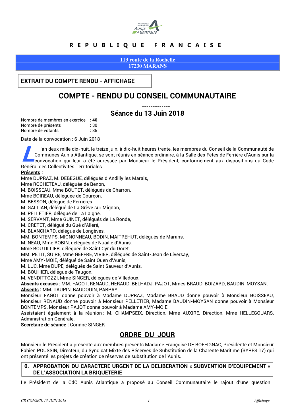 CR Conseil Du 13 Juin 2018