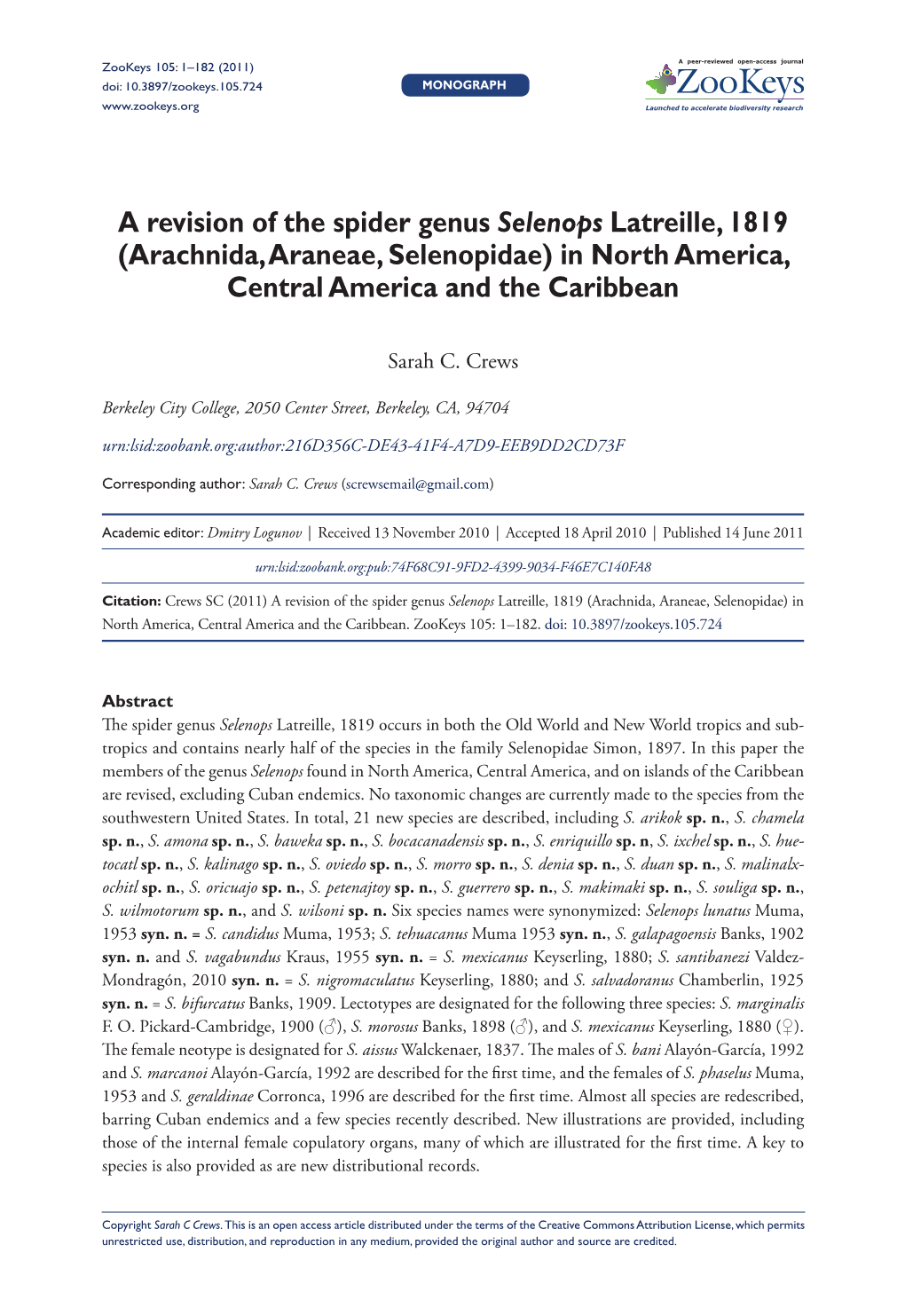 A Revision of the Spider Genus Selenops Latreille, 1819 (Arachnida, Araneae, Selenopidae) in North America, Central America and the Caribbean