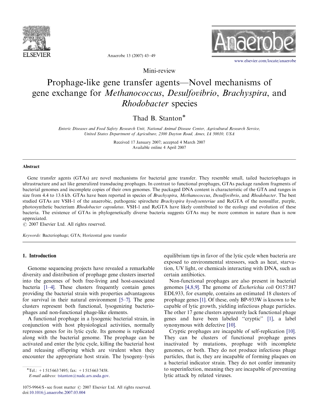 Prophage-Like Gene Transfer Agents—Novel Mechanisms of Gene Exchange for Methanococcus, Desulfovibrio, Brachyspira, and Rhodobacter Species