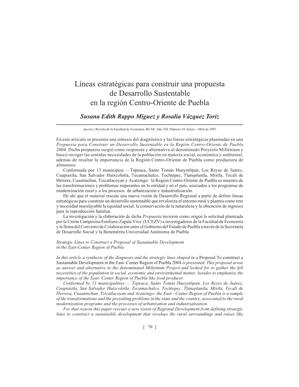 Líneas Estratégicas Para Construir Una Propuesta De Desarrollo Sustentable En La Región Centro-Oriente De Puebla