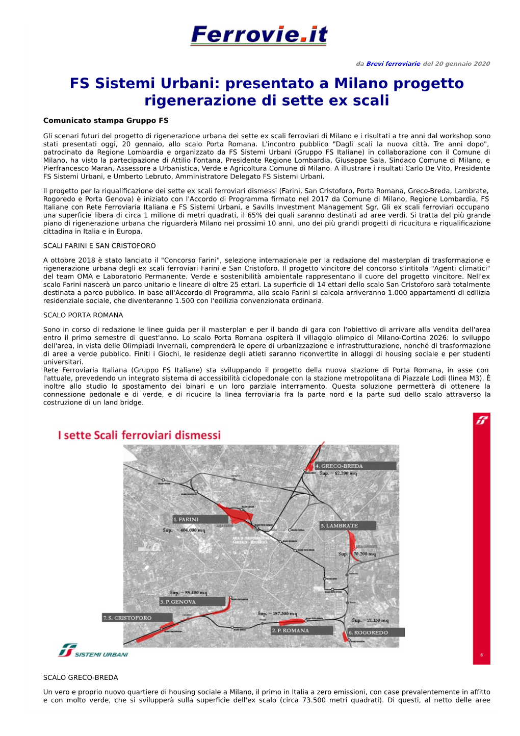 FS Sistemi Urbani: Presentato a Milano Progetto Rigenerazione Di Sette Ex Scali